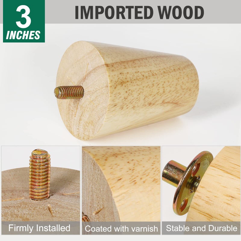 FoDau770 Solid Wood Furniture Legs 3 Inche, Straight Tapered Wood Legs Mid Century Sofa Legs Set of 4, 5/16"" UNC Furniture Feet Wood Replacement Legs for Cabinet Sofa Couch Dresser Chair Ottoman Table - Image 3